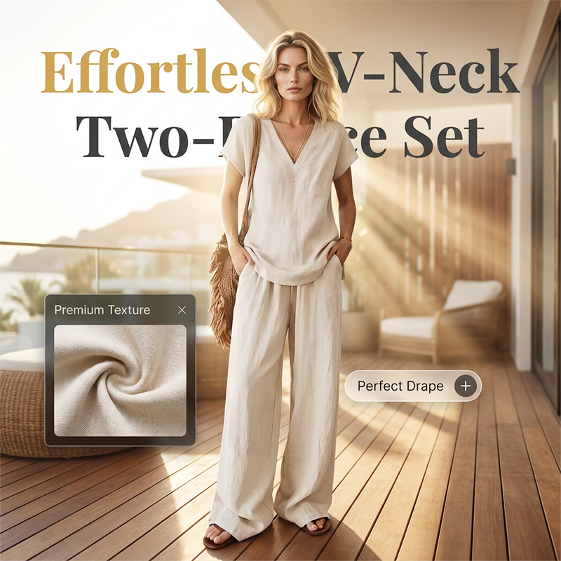 Ensemble 2 pièces décontracté pour femme – col en V, couleur unie