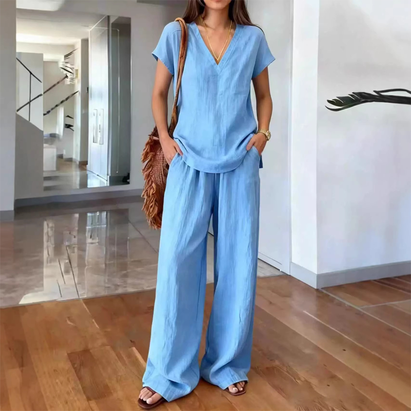 Ensemble 2 pièces décontracté pour femme – col en V, couleur unie
