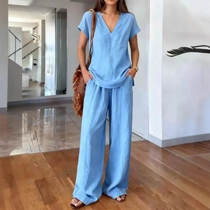 Ensemble 2 pièces décontracté pour femme – col en V, couleur unie