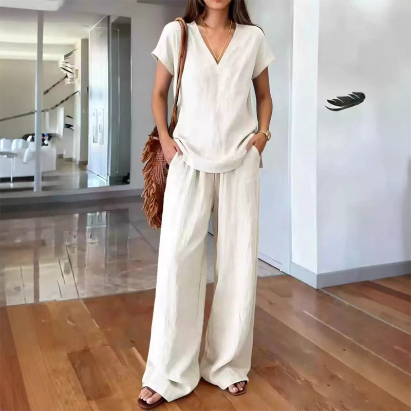Ensemble 2 pièces décontracté pour femme – col en V, couleur unie