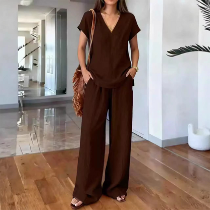 Ensemble 2 pièces décontracté pour femme – col en V, couleur unie