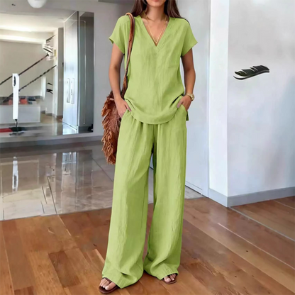 Ensemble 2 pièces décontracté pour femme – col en V, couleur unie