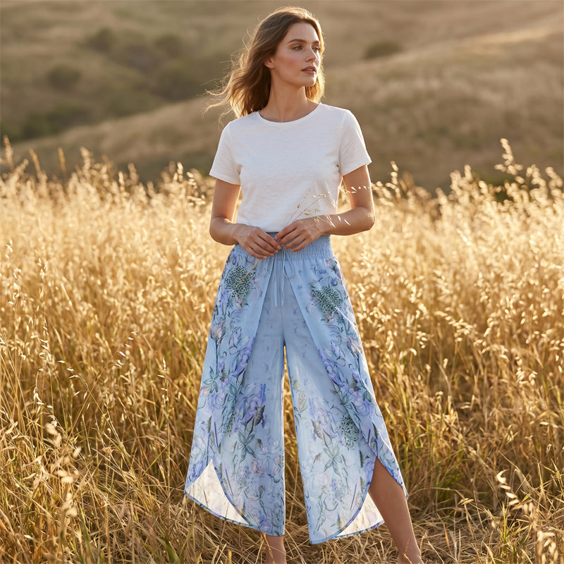 Pantalon à jambes larges taille haute à imprimé floral pour femme