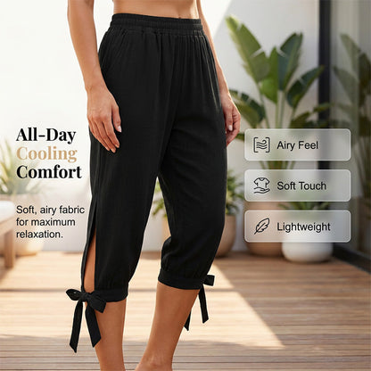 👖 OFFRE LIMITÉE : 50 % DE RÉDUCTION ! ✨ Pantalon Capri femme à taille élastique – Respirant, extensible, détail noué sur le côté 🌿
