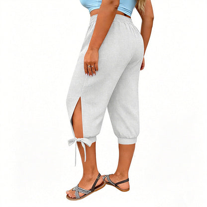 👖 OFFRE LIMITÉE : 50 % DE RÉDUCTION ! ✨ Pantalon Capri femme à taille élastique – Respirant, extensible, détail noué sur le côté 🌿