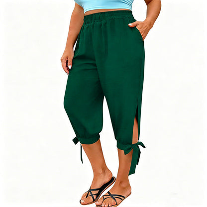 👖 OFFRE LIMITÉE : 50 % DE RÉDUCTION ! ✨ Pantalon Capri femme à taille élastique – Respirant, extensible, détail noué sur le côté 🌿
