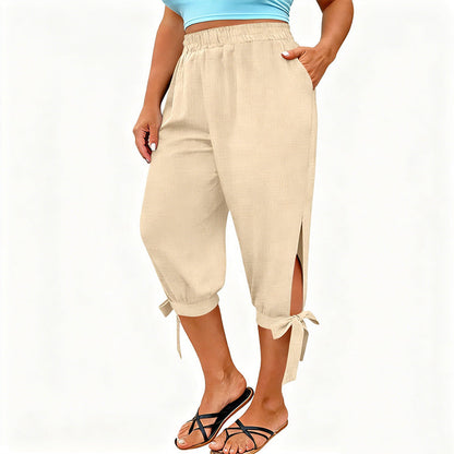 👖 OFFRE LIMITÉE : 50 % DE RÉDUCTION ! ✨ Pantalon Capri femme à taille élastique – Respirant, extensible, détail noué sur le côté 🌿