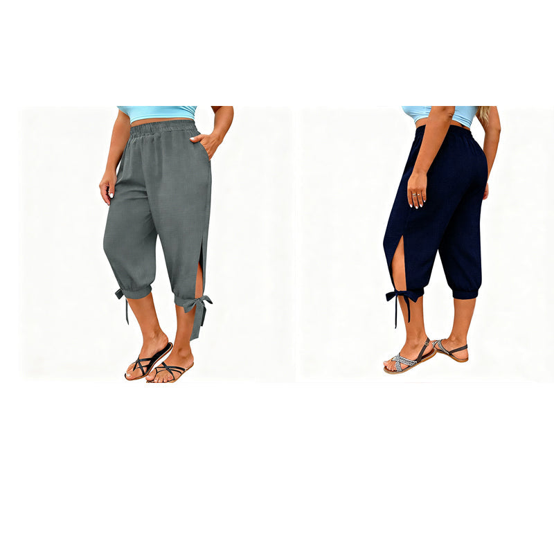 👖 OFFRE LIMITÉE : 50 % DE RÉDUCTION ! ✨ Pantalon Capri femme à taille élastique – Respirant, extensible, détail noué sur le côté 🌿