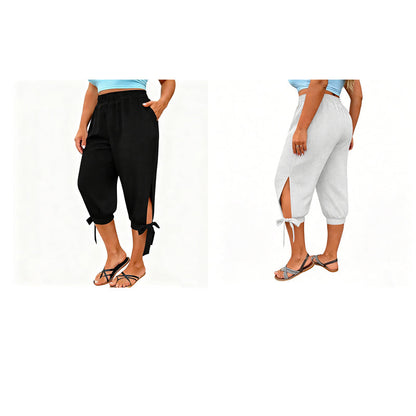 👖 OFFRE LIMITÉE : 50 % DE RÉDUCTION ! ✨ Pantalon Capri femme à taille élastique – Respirant, extensible, détail noué sur le côté 🌿