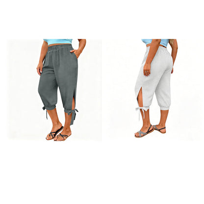 👖 OFFRE LIMITÉE : 50 % DE RÉDUCTION ! ✨ Pantalon Capri femme à taille élastique – Respirant, extensible, détail noué sur le côté 🌿