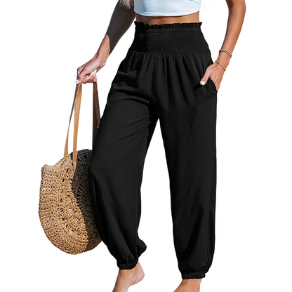 Pantalon sarouel smocké taille haute pour femme 🌞Un look estival décontracté et tout en confort✨