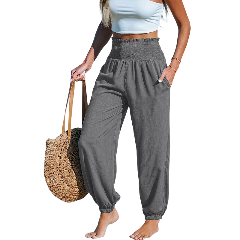 Pantalon sarouel smocké taille haute pour femme 🌞Un look estival décontracté et tout en confort✨