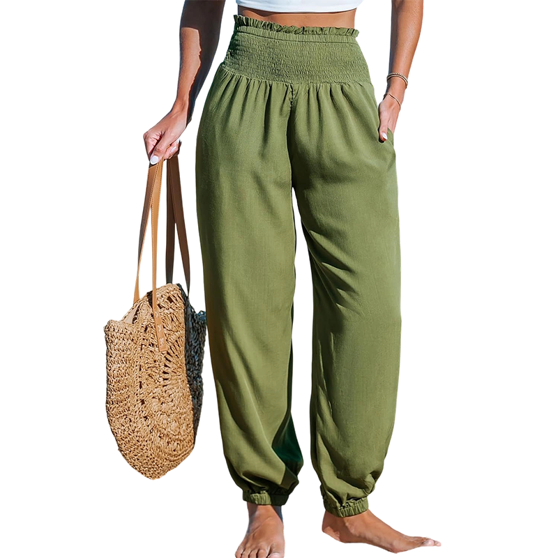 Pantalon sarouel smocké taille haute pour femme 🌞Un look estival décontracté et tout en confort✨