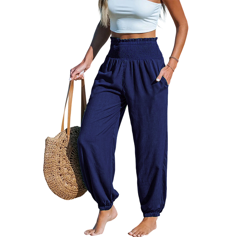 Pantalon sarouel smocké taille haute pour femme 🌞Un look estival décontracté et tout en confort✨