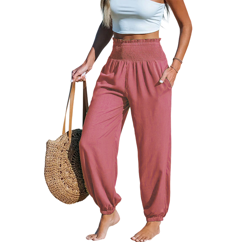 Pantalon sarouel smocké taille haute pour femme 🌞Un look estival décontracté et tout en confort✨