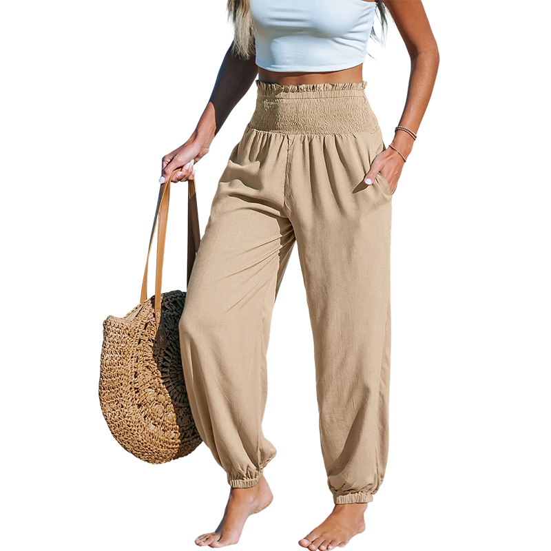 Pantalon sarouel smocké taille haute pour femme 🌞Un look estival décontracté et tout en confort✨