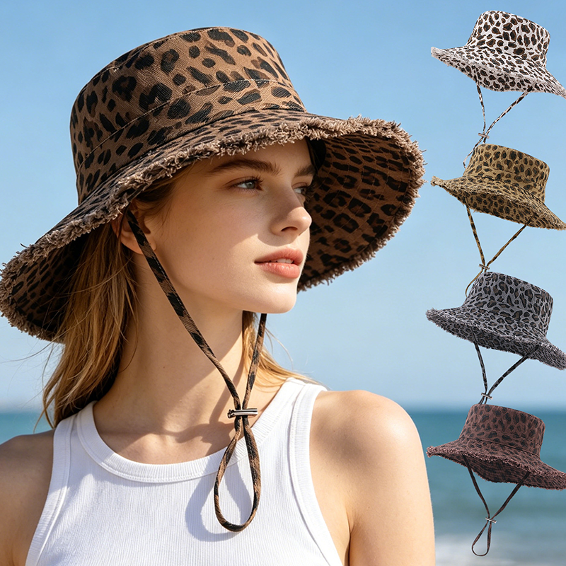 Chapeau de pêche à imprimé léopard pour femmes, avec protection solaire