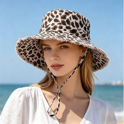 Chapeau de pêche à imprimé léopard pour femmes, avec protection solaire