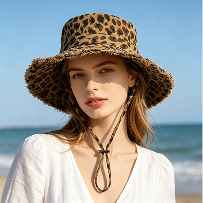Chapeau de pêche à imprimé léopard pour femmes, avec protection solaire