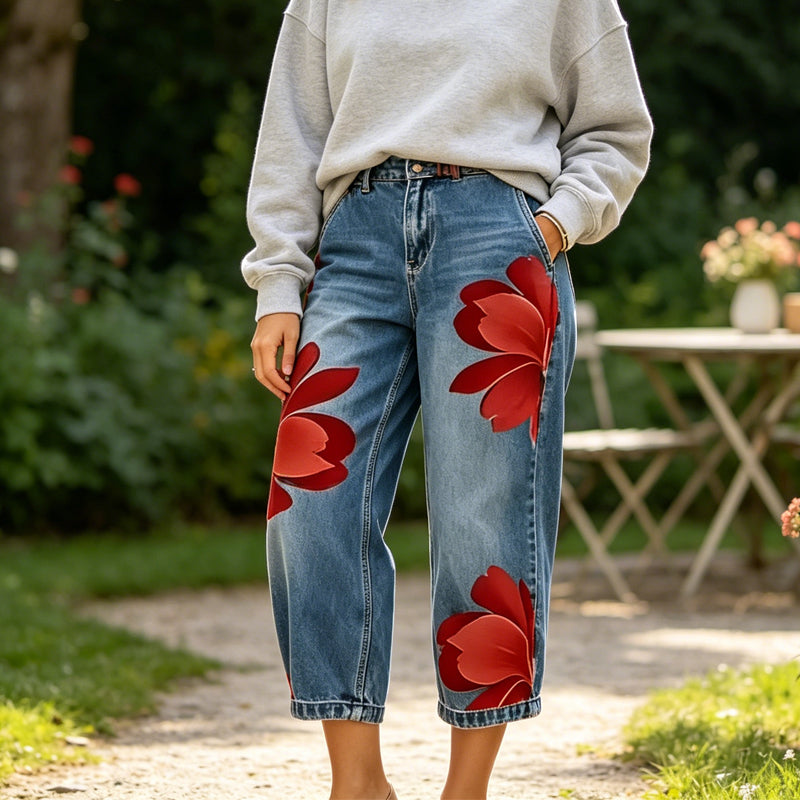 👖 50% DE RÉDUCTION 🌸 Jean large femme brodé fleuri – Artisanal, moderne & confortable – Tendance, doux & parfait pour un look printanier ou estival – avec une touche artisanale 🌼