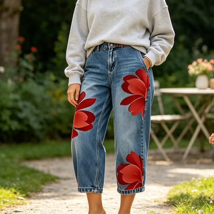 👖 50% DE RÉDUCTION 🌸 Jean large femme brodé fleuri – Artisanal, moderne & confortable – Tendance, doux & parfait pour un look printanier ou estival – avec une touche artisanale 🌼