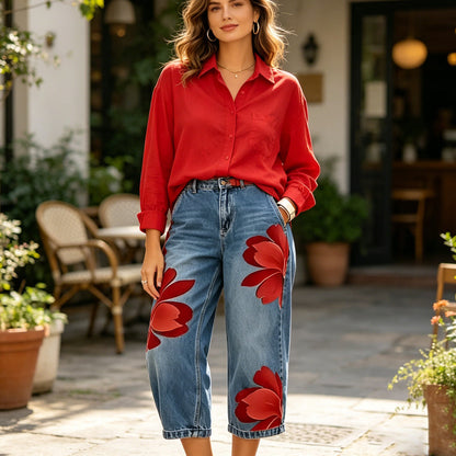 👖 50% DE RÉDUCTION 🌸 Jean large femme brodé fleuri – Artisanal, moderne & confortable – Tendance, doux & parfait pour un look printanier ou estival – avec une touche artisanale 🌼