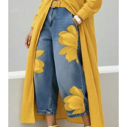 👖 50% DE RÉDUCTION 🌸 Jean large femme brodé fleuri – Artisanal, moderne & confortable – Tendance, doux & parfait pour un look printanier ou estival – avec une touche artisanale 🌼