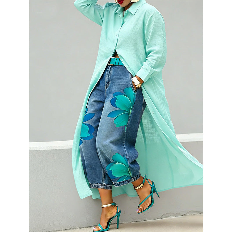 Robe chemise longue à manches longues et boutonnée pour femme