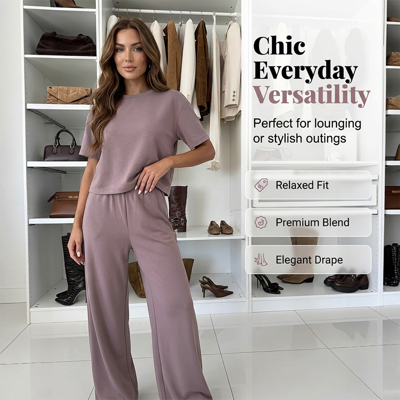 🌿💘 PROMO FLASH 50% ! Ensemble Décontracté Femme 2 Pièces – Tissu Premium Doux, Pantalon Large Confy, Silhouette Fluide, Parfait pour la Maison & le Quotidien 🏡
