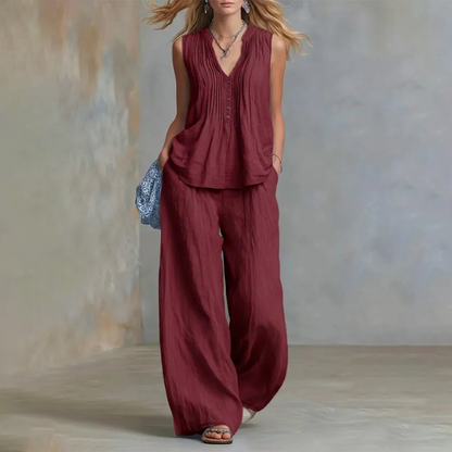 Ensemble élégant composé d'un haut sans manches ample et d'un pantalon