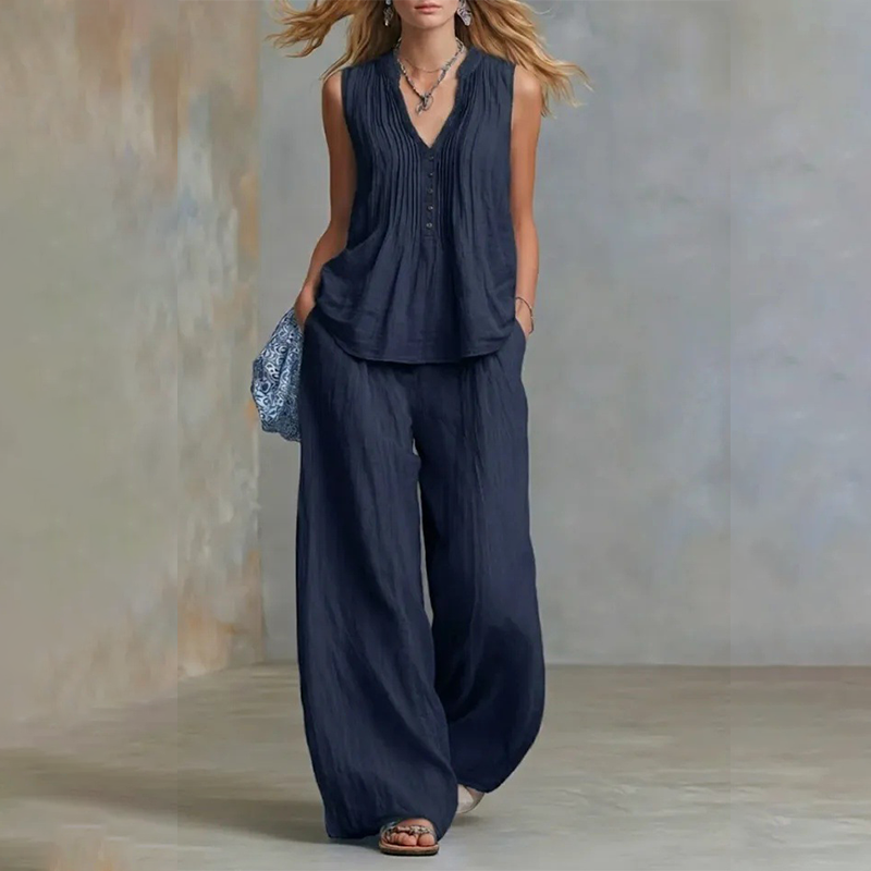 Ensemble élégant composé d'un haut sans manches ample et d'un pantalon