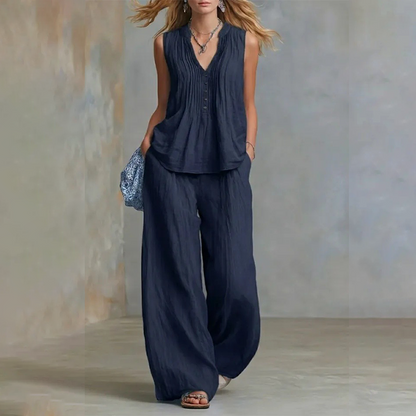 Ensemble élégant composé d'un haut sans manches ample et d'un pantalon