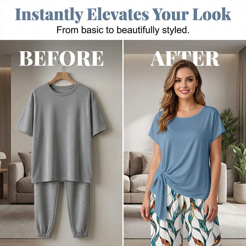 Ensemble femme – haut à nouer côté et pantalon à motif