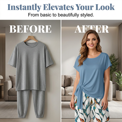 Ensemble femme – haut à nouer côté et pantalon à motif