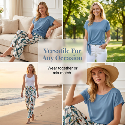 Ensemble femme – haut à nouer côté et pantalon à motif