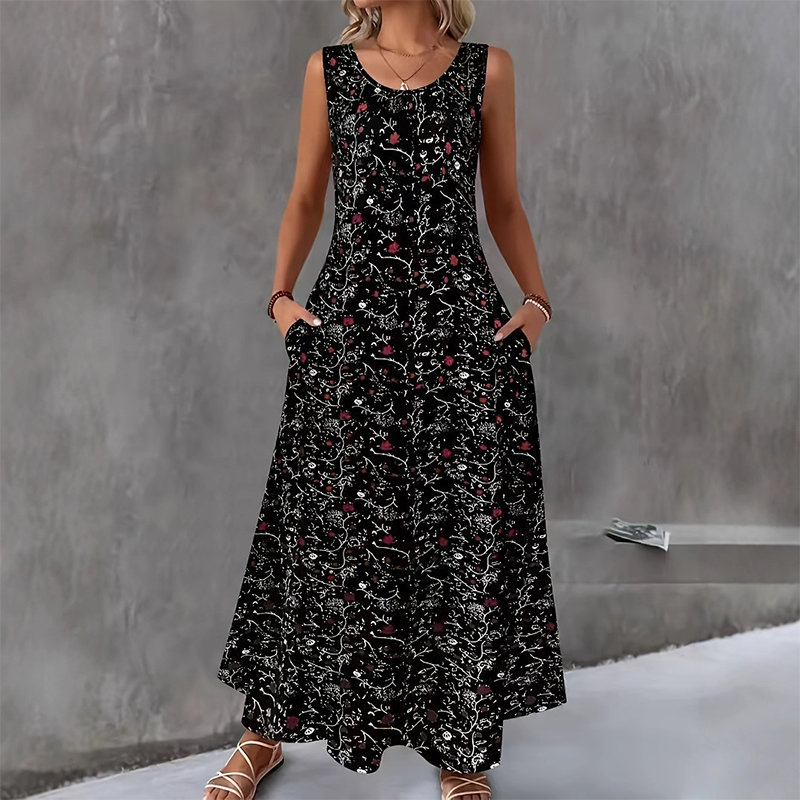 👗 Robe longue à fleurs sans manches pour femme — poches latérales, élégante et confortable 🌸