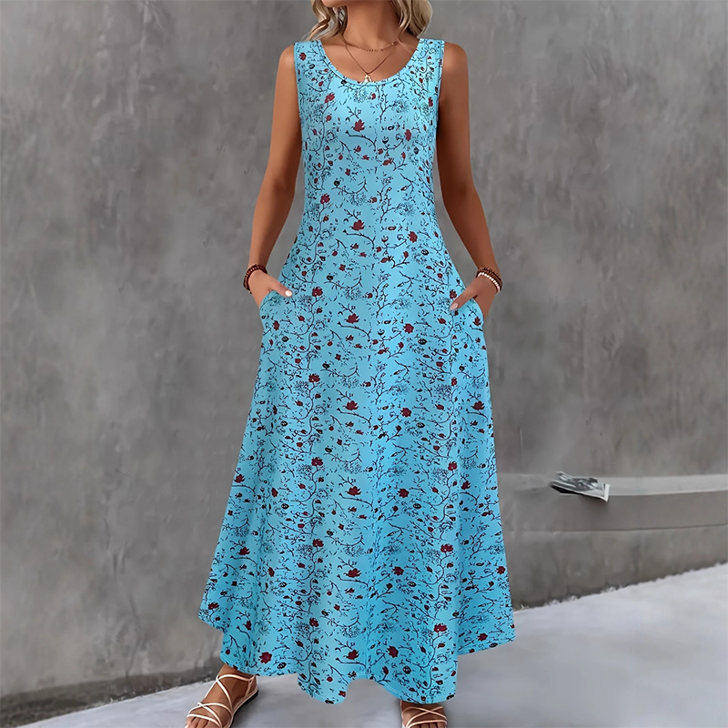 👗 Robe longue à fleurs sans manches pour femme — poches latérales, élégante et confortable 🌸