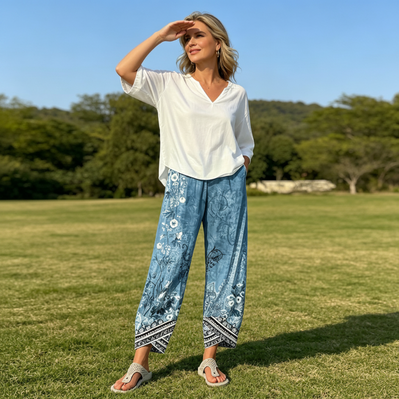 Pantalon femme large imprimé floral style vintage