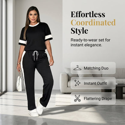 Ensemble femme confortable – haut et pantalon à taille élastique avec cordon