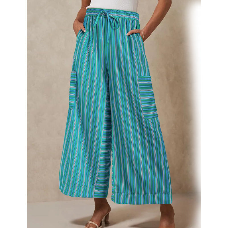 Pantalon large à rayures avec cordon de serrage pour femme