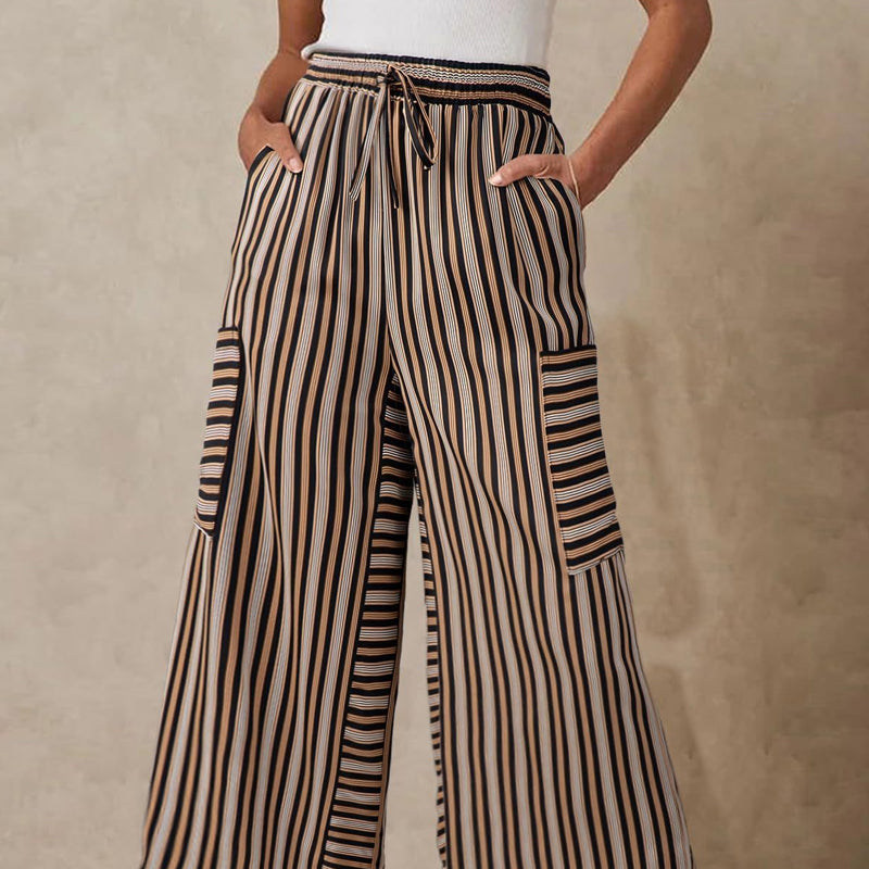Pantalon large à rayures avec cordon de serrage pour femme