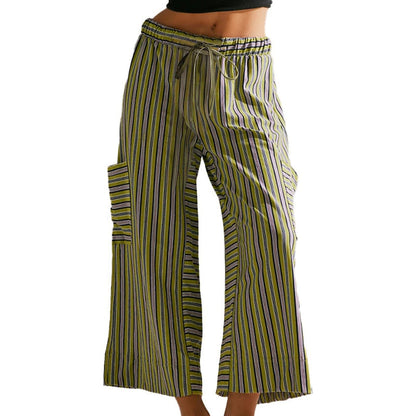Pantalon large à rayures avec cordon de serrage pour femme