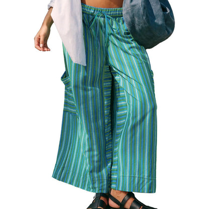 Pantalon large à rayures avec cordon de serrage pour femme