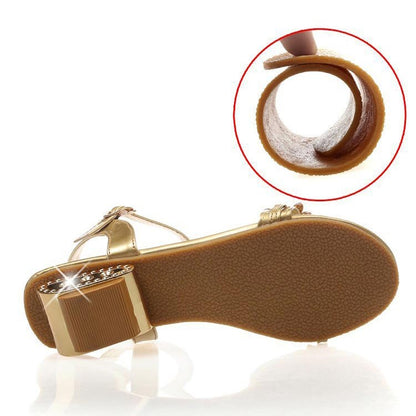 📢⏰ DERNIER JOUR 50% ! Sandales Femme à Strass – Talon Plat 4cm, Ornements Métalliques, Tige PU, Confort & Éclat pour l'Été & le Quotidien 👡