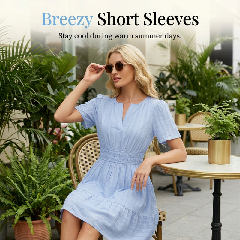 👗 50% DE RÉDUCTION 🥳 Mini-robe à manches courtes et à volants pour femme – Soldes 2026 – Fluide, légère & parfaite pour l’été, les vacances ou les soirées décontractées 🌸