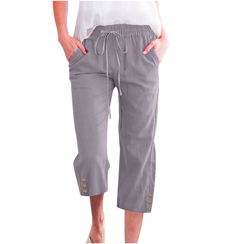Pantacourt Femme en Coton et Lin Uni avec Cordon de Serrage