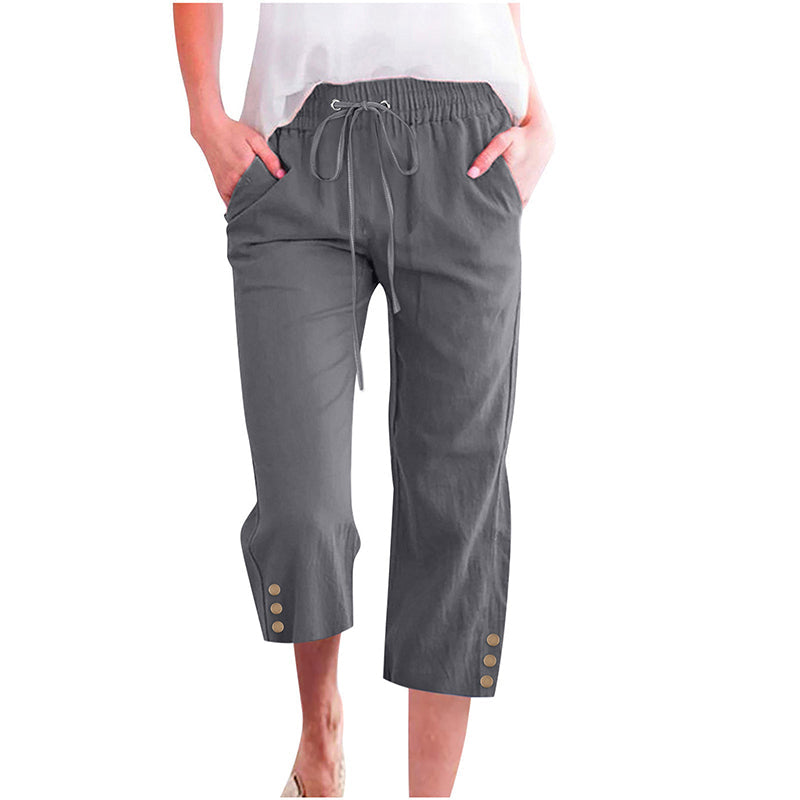 Pantacourt Femme en Coton et Lin Uni avec Cordon de Serrage