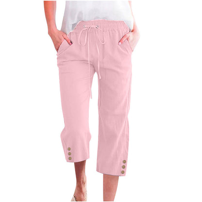 Pantacourt Femme en Coton et Lin Uni avec Cordon de Serrage