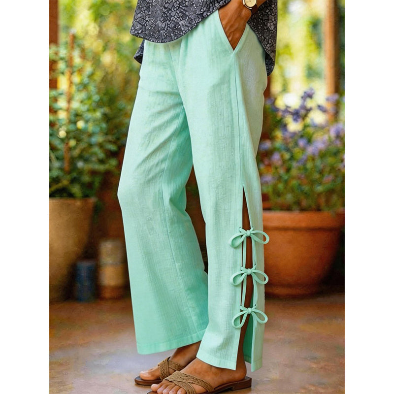 Pantalon décontracté uni avec nœud décoratif