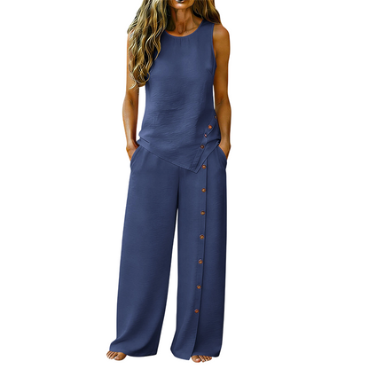 ✨🔥 PROMO FLASH 50% ! Ensemble Décontracté Femme 2 Pièces – Top sans Manches Boutonné & Pantalon Large, Tissu Polyester Léger, Style Minimaliste Chic, 8 Couleurs 🌿